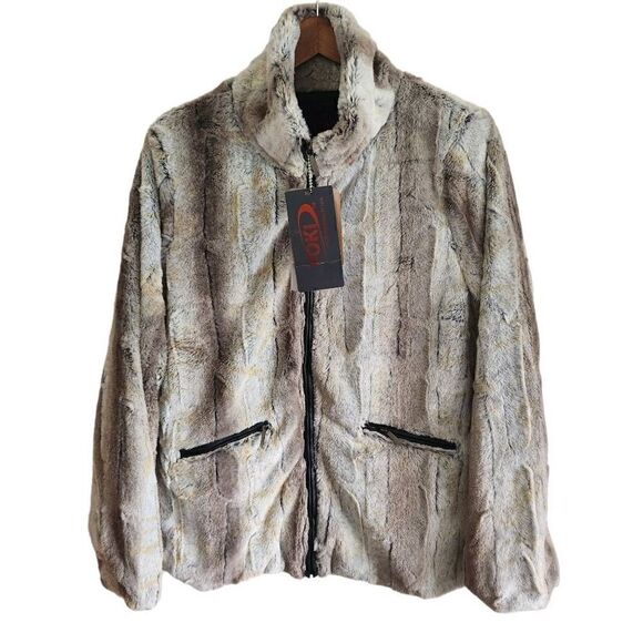Yoki Jacket Faux Fur Womens Large Soft Ivory Tan Gray Mix Fuzzy Vegan Chinchilla - Picture 1 of 5